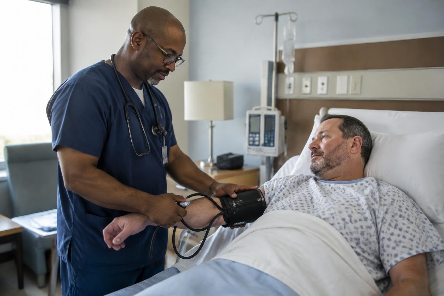 A Black male nurse in navy scrubs checks the blood pressure of one adult patient resting in a hospital bed.