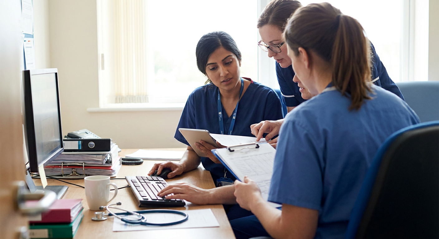 Registered nurse reviewing an antibiotic order, culture results, renal laboratory values, and allergy history at a hospital workstation before medication administration.