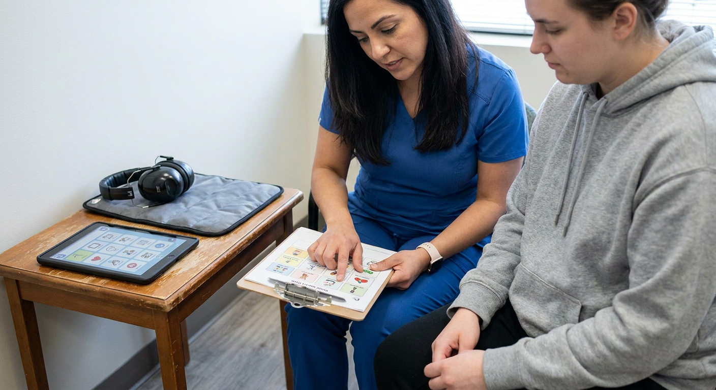 A registered nurse calmly reviews a visual care plan with an autistic patient in a quiet examination room while communication and sensory supports remain within reach.