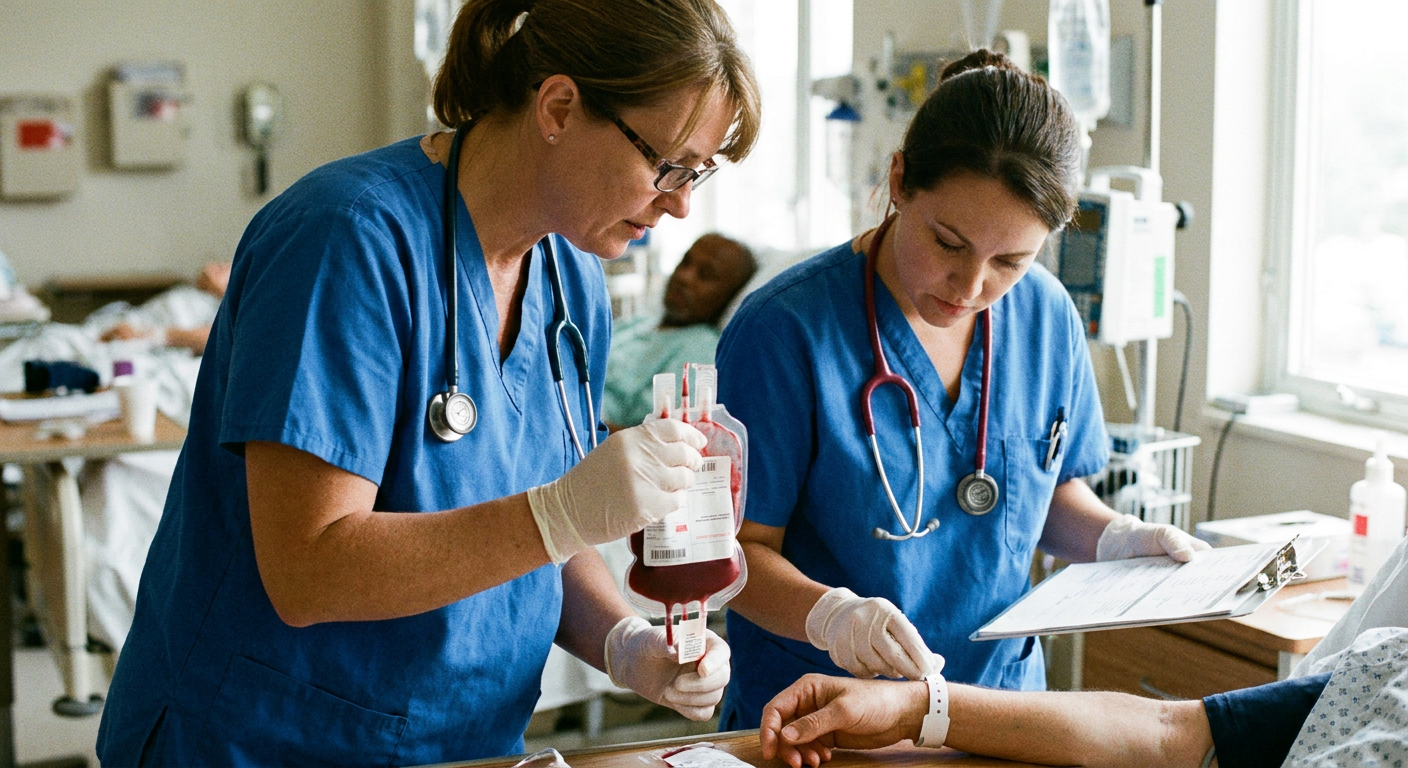 Two registered nurses at an acute-care bedside independently compare a labeled blood component, the patient’s identification band, and transfusion documentation before administration.
