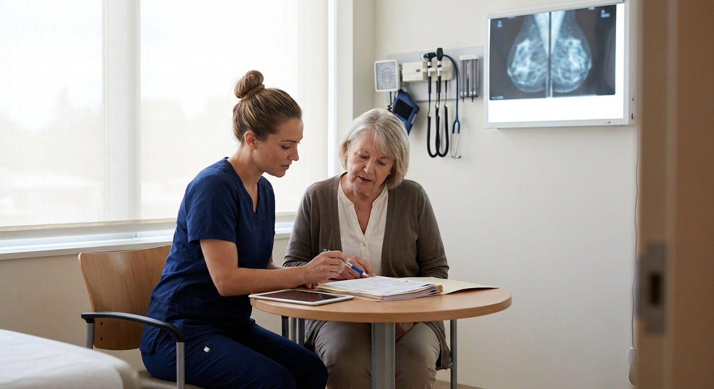 An oncology nurse and adult patient reviewing a breast cancer care plan together in a private clinical setting, with diagnostic images displayed in the background.