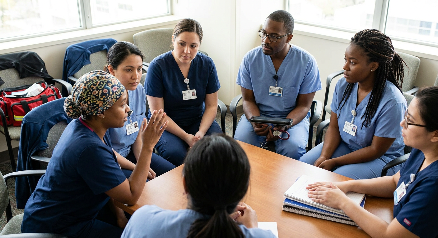 A diverse group of nurses in a hospital conference area conducting a respectful safety huddle while one nurse raises a concern and colleagues listen attentively.