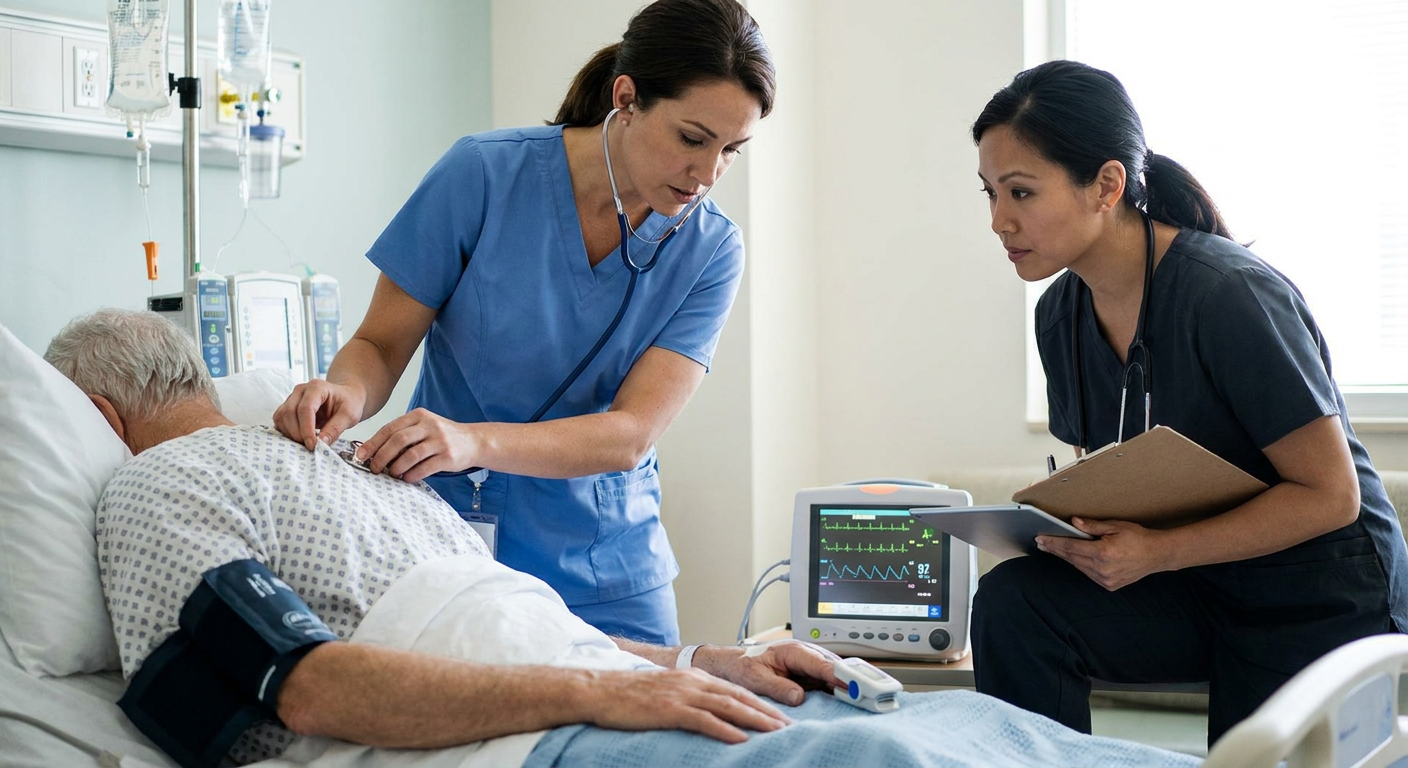 Registered nurse assessing an adult with heart failure in a hospital room, listening to lung sounds while reviewing cardiac rhythm, oxygen saturation, blood pressure, and fluid-balance findings.