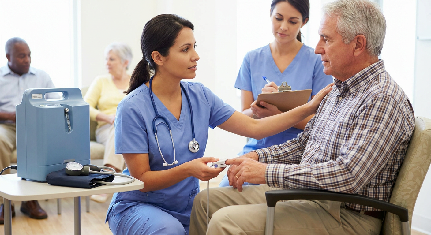 A registered nurse assesses the breathing pattern and oxygen saturation of an older adult with COPD seated upright in a bright outpatient clinical room.