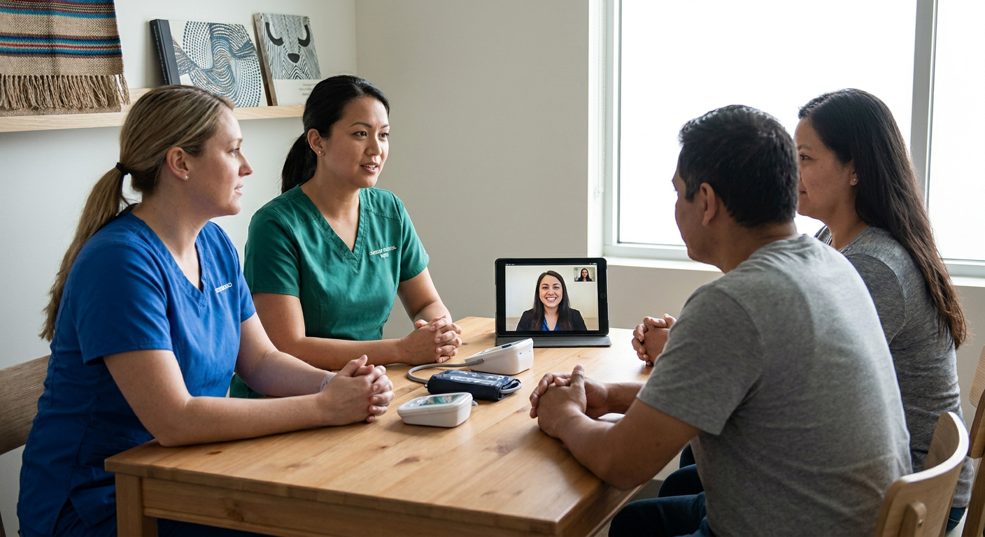 A registered nurse and a licensed practical nurse speaking with an adult patient and chosen support person in an accessible clinic room, with a qualified interpreter joining by video and culturally inclusive educational materials visible.