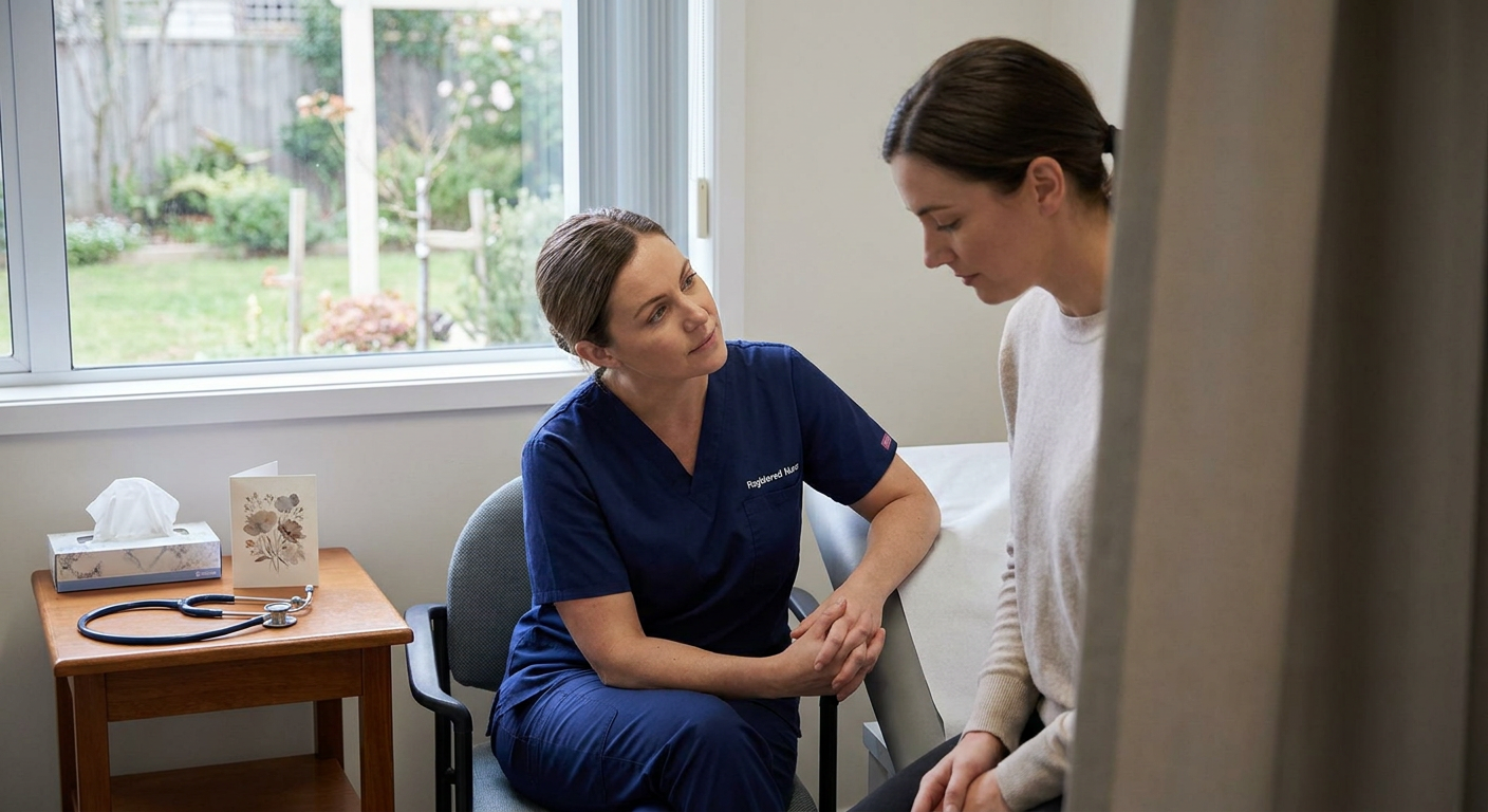 A registered nurse speaks privately with an adult patient in a quiet examination room, using an attentive, trauma-informed posture while a discreet resource card rests on the table.