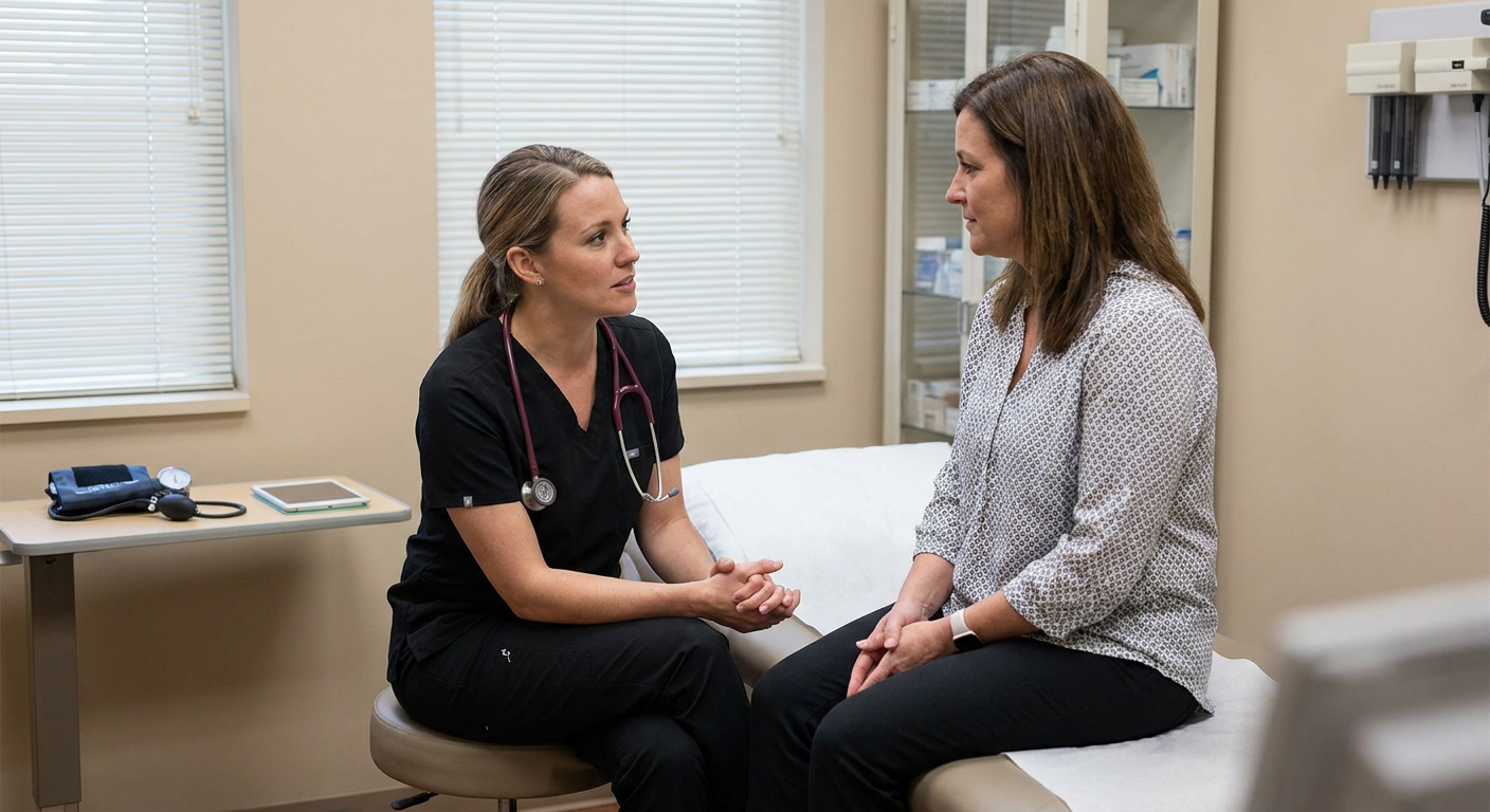 A registered nurse speaks privately with an adult patient in a quiet examination room, using attentive, nonjudgmental body language while maintaining patient confidentiality.