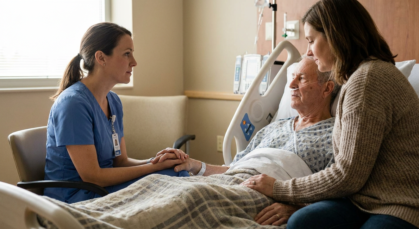 A registered nurse sits at eye level beside an adult patient with advanced illness while the patient’s chosen family member participates in a private, compassionate care discussion.