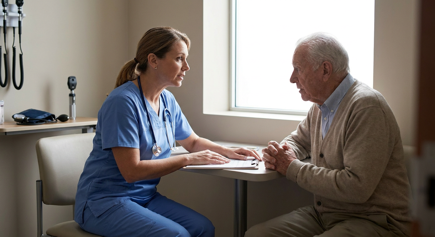 A registered nurse speaks privately with an older adult in a quiet examination room, seated at eye level while completing a respectful safety assessment.