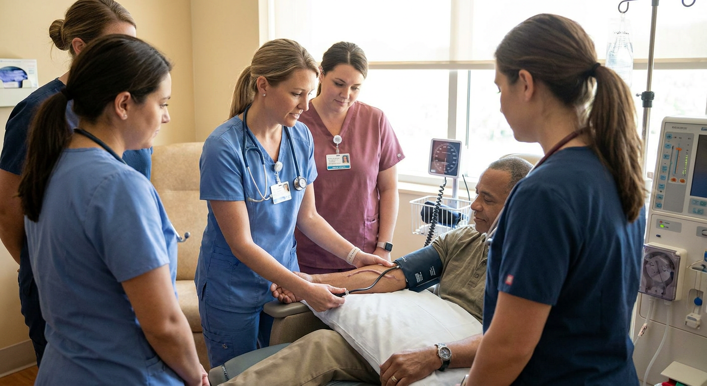 Registered nurse assessing an adult patient with kidney failure by checking blood pressure and examining a mature forearm arteriovenous fistula in a bright outpatient clinical setting.