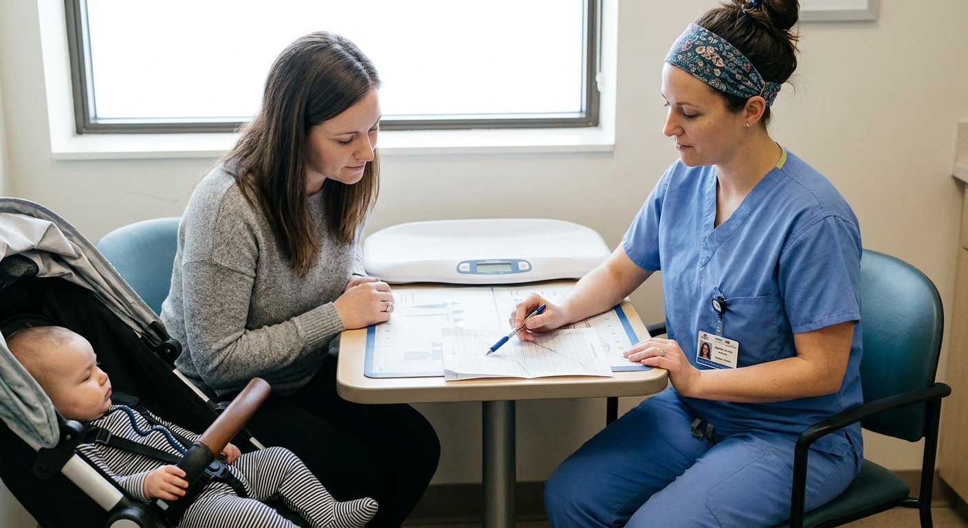 A pediatric nurse reviews an infant's serial growth chart with a caregiver after obtaining an accurate weight and length in a family-centered clinic.