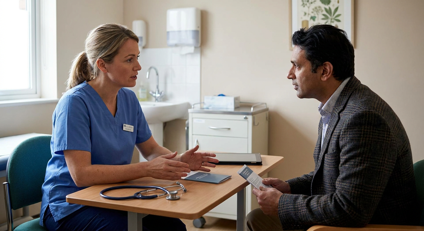 A registered nurse provides confidential HIV prevention counseling to a diverse adult patient in a private clinical room, with both people seated at eye level.