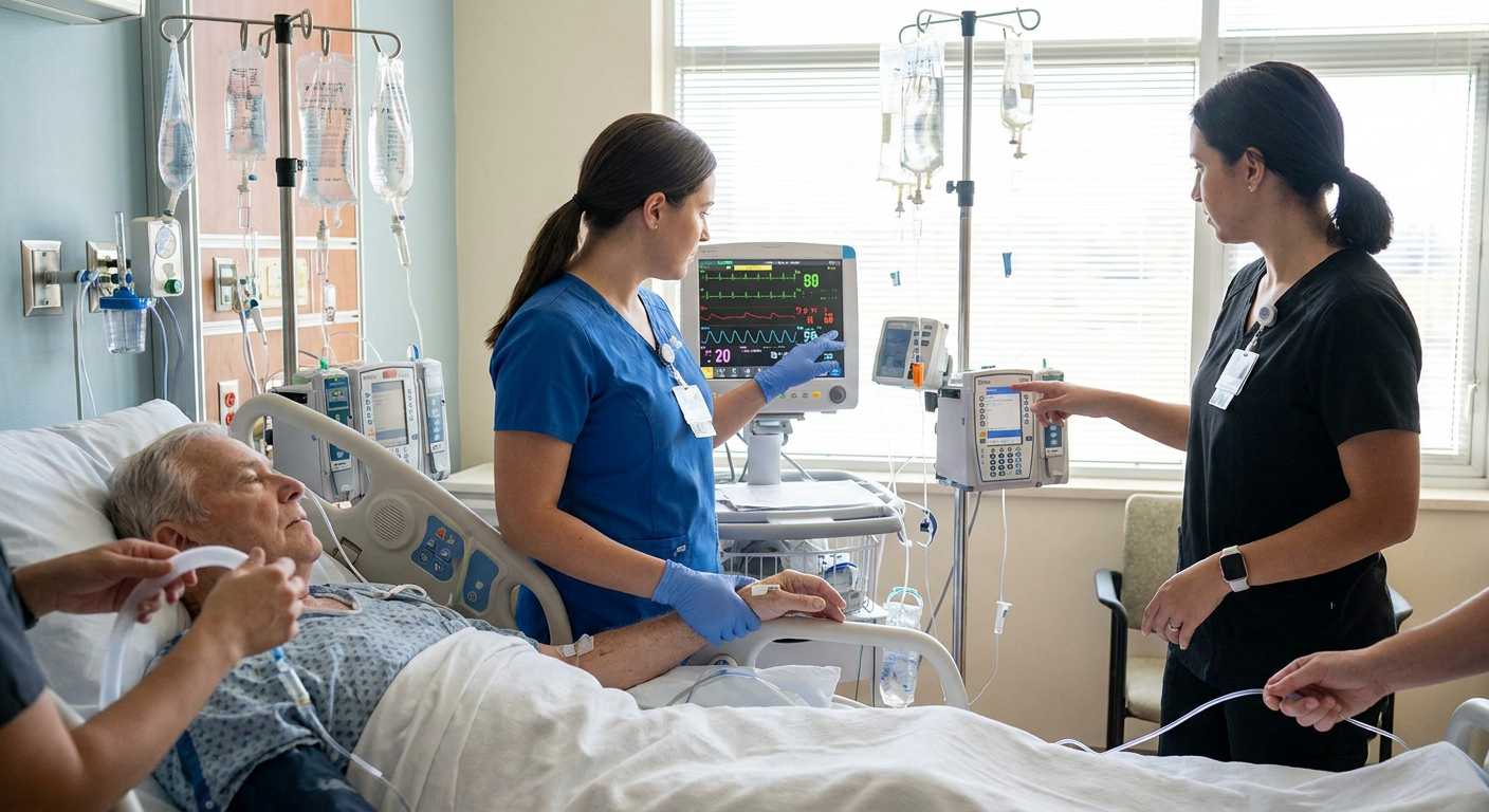 Registered nurse assessing an acutely ill adult in a critical care room while reviewing arterial pressure, cardiac rhythm, oxygen saturation, intravenous therapy, and peripheral perfusion.