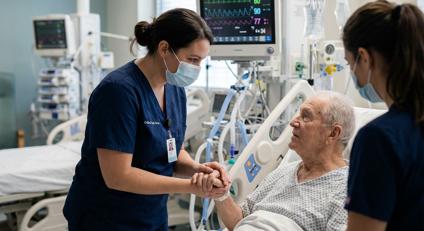 Critical care nurse calmly assessing attention and orientation in an awake adult ICU patient while monitoring equipment remains visible in the background.