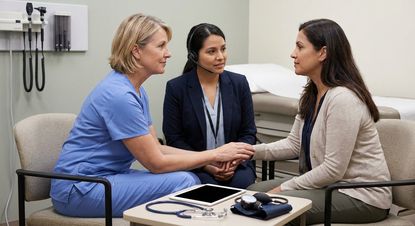 A registered nurse and qualified medical interpreter speaking privately with an adult patient in a calm examination room while maintaining respectful distance and patient-centered body language.