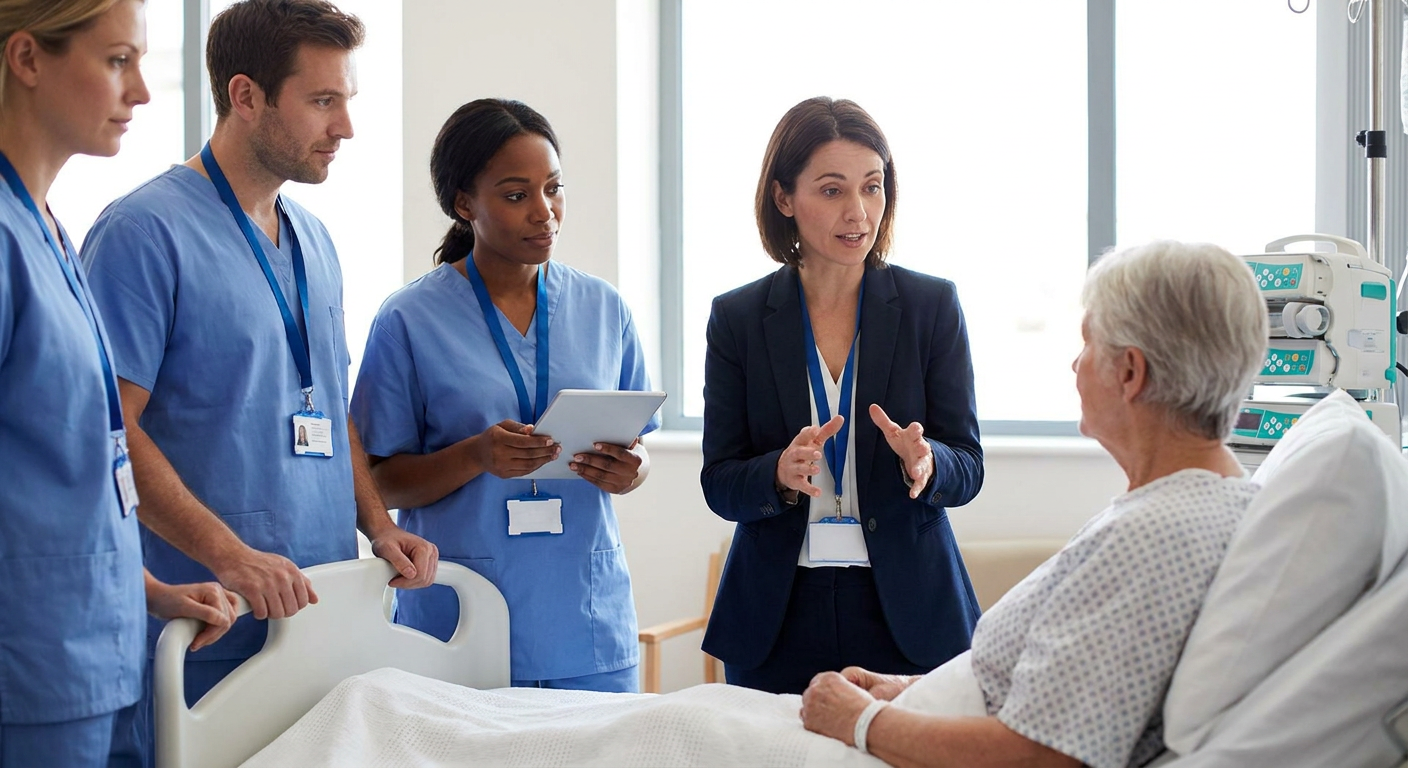 A diverse team of nurses and a patient participate in a respectful bedside discussion while a qualified interpreter supports communication.