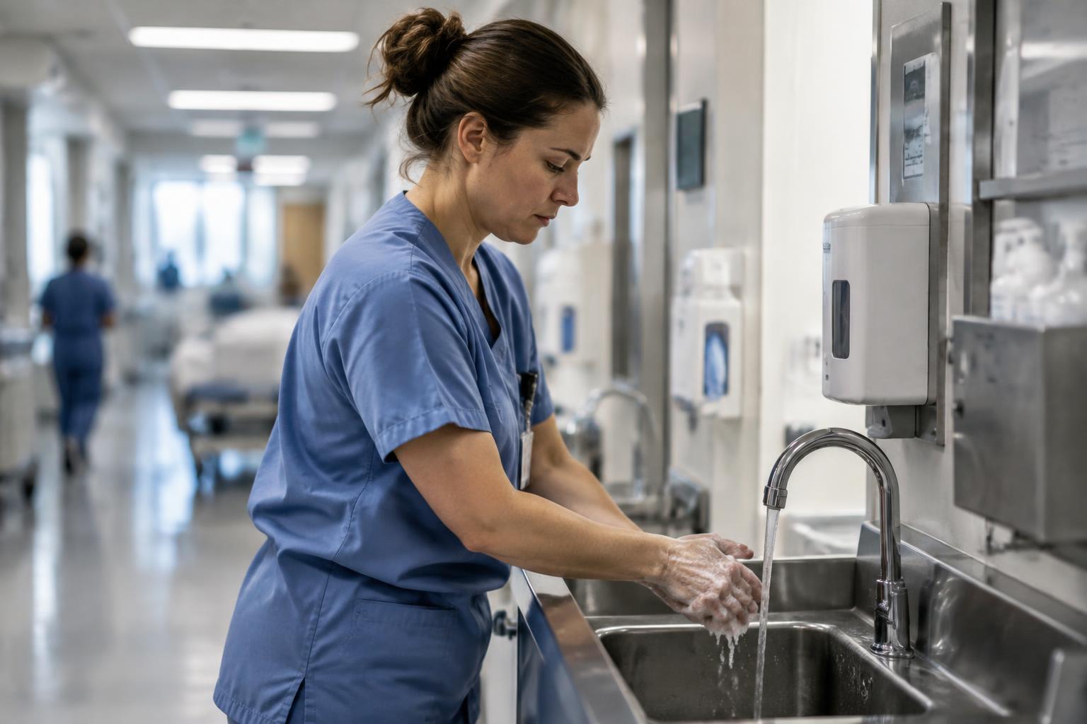 A nurse performing hand hygiene at a hospital sink.