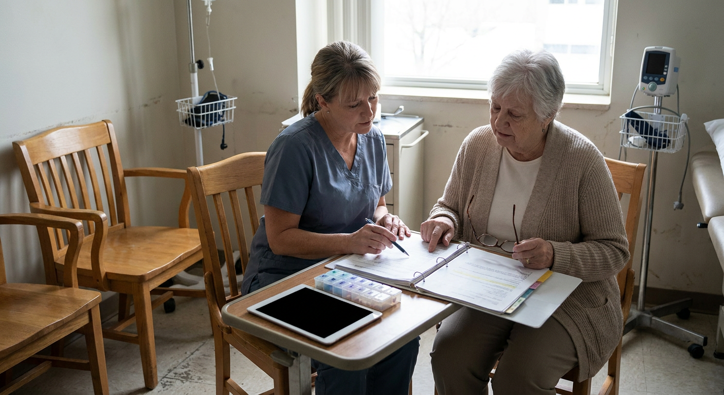 A registered nurse and an adult patient review a person-centered chronic pain plan that includes functional goals, safe medication use, sleep, and gradual physical activity.