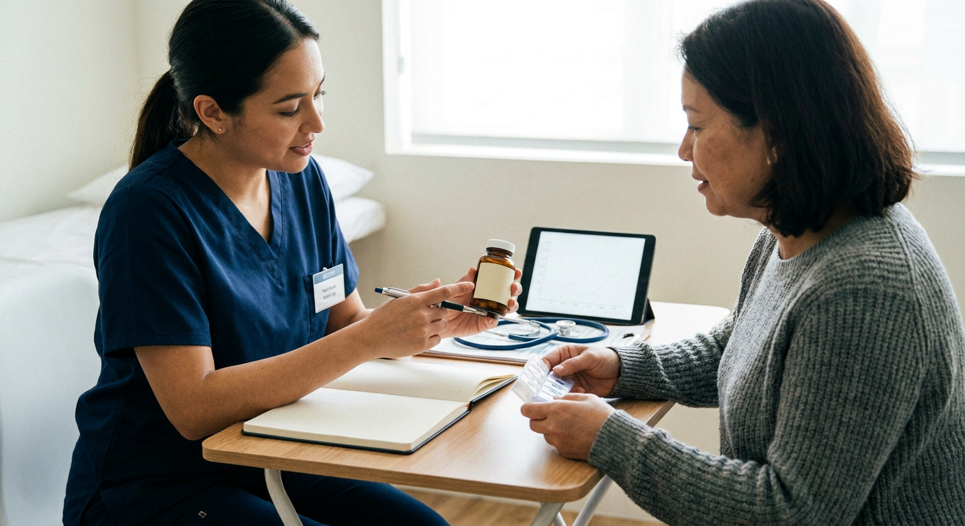 A registered nurse conducts medication reconciliation with an adult patient in a private clinical setting while reviewing a neutral, nonbranded cannabinoid product label and documenting safety information.