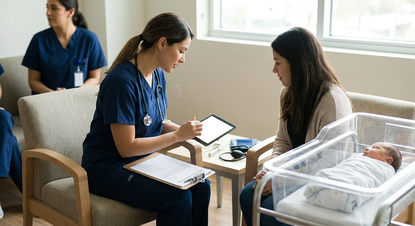 A nurse conducts a private, compassionate postpartum mental health assessment while the patient's infant rests safely in a nearby bassinet.