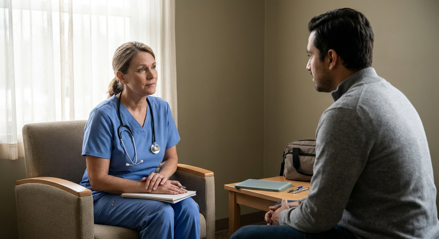 A registered nurse sits at eye level with an adult patient in a private behavioral health room, using an open posture during a calm, trauma-informed assessment.