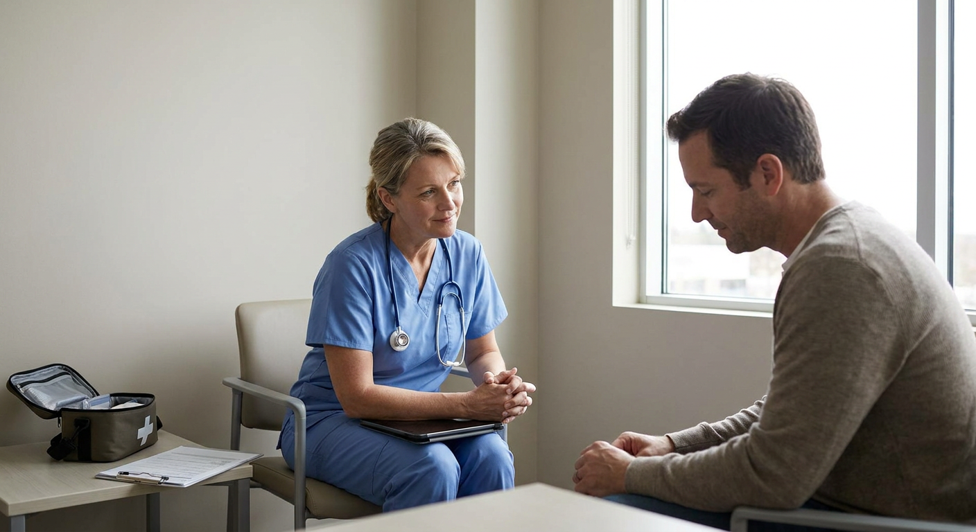 A registered nurse seated at eye level with an adult patient in a private, uncluttered clinical room, using calm, attentive body language during a suicide safety assessment.