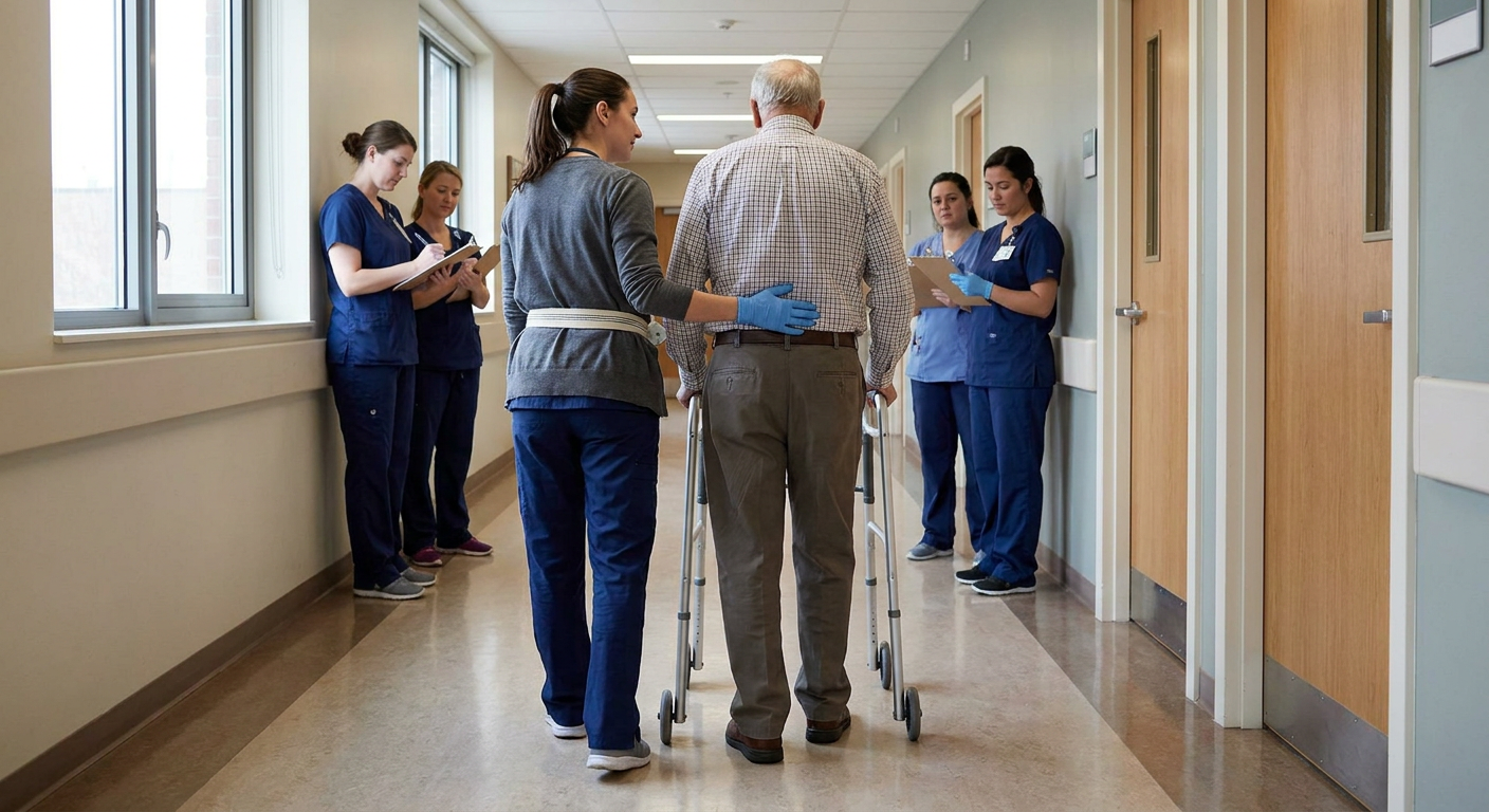 A registered nurse uses a gait belt to guard an older adult walking with a properly fitted walker along a bright, uncluttered clinical hallway.