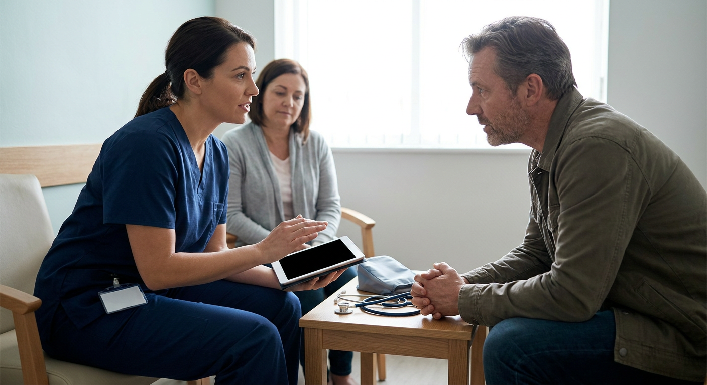 A registered nurse sits at eye level with an anxious adult patient in a quiet clinical room, listens attentively, and reviews the next steps in care while a support person remains nearby with permission.