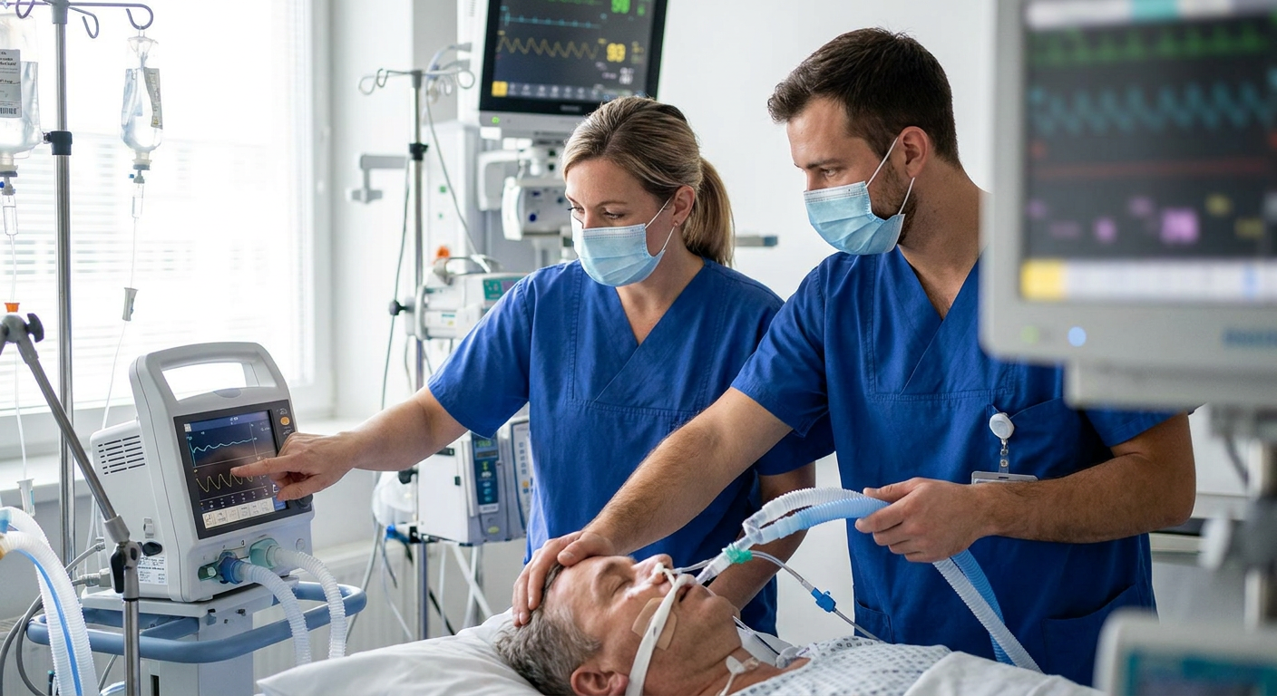 An intensive care nurse and respiratory therapist assess an intubated adult patient, reviewing airway security, ventilator waveforms, oxygenation, and bedside safety equipment.