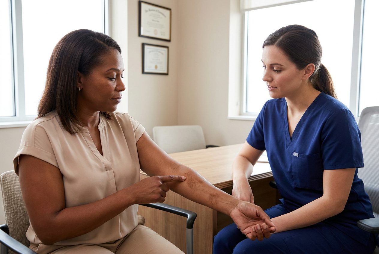 A nurse holds a seated woman's forearm as the woman points to an area of uneven darker skin in a bright consultation room.