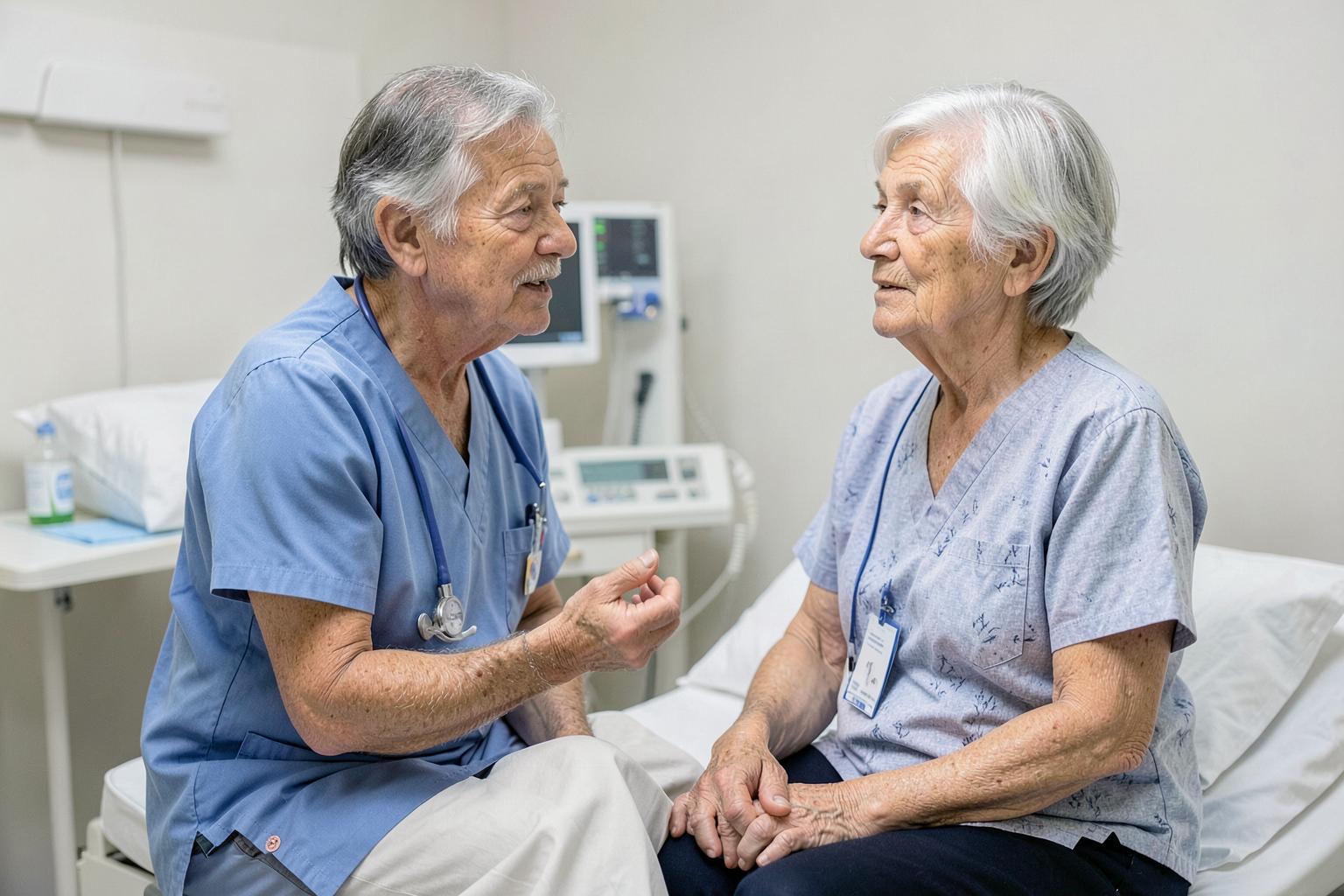 Nurse assessing a hospitalized adult cardiac patient at the bedside monitor