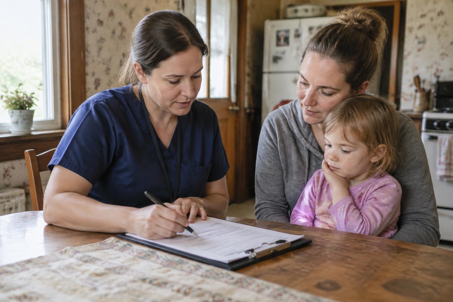 Community health nurse reviewing a home exposure history with a family at their kitchen table