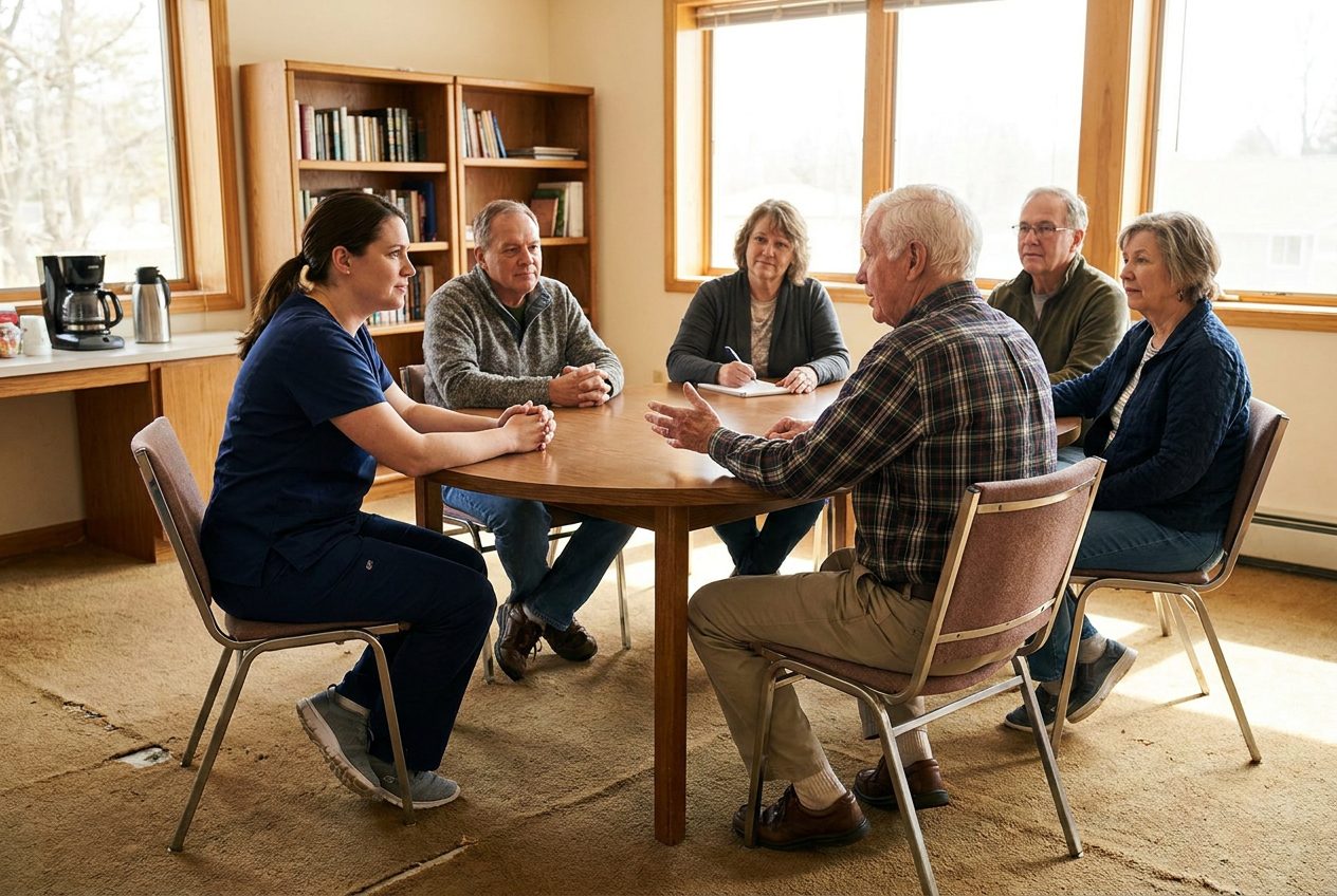 A nurse in navy scrubs and five adults sit around a circular table. An older participant gestures while speaking, and the others look toward that person.