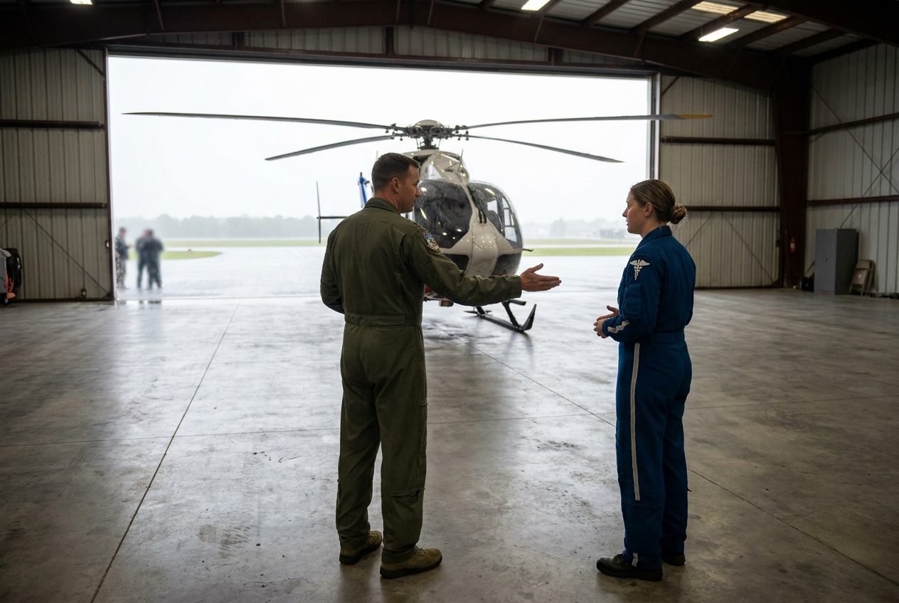 A pilot raises an open hand while speaking with a flight nurse beside a parked helicopter inside a hangar. Rain is visible outside, and the rotor blades are still.