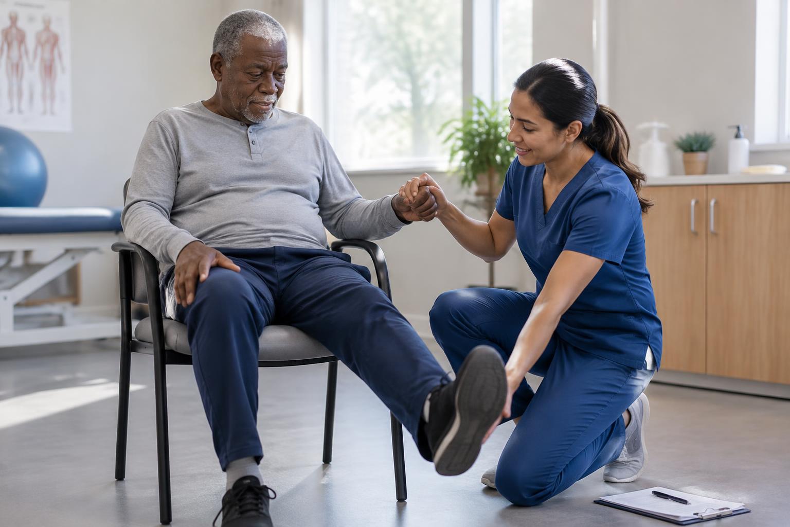 Nurse conducting a seated functional assessment with an older adult patient in a bright clinic room