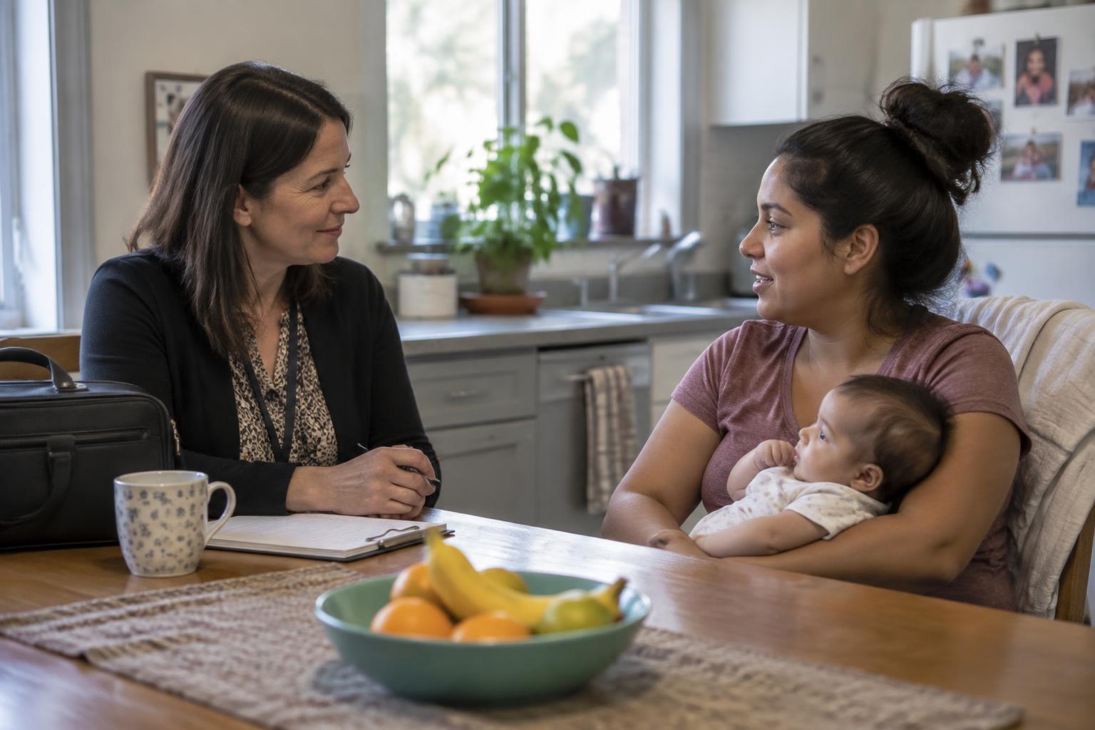 Community nurse with a visit bag talking with a mother holding an infant at a kitchen table