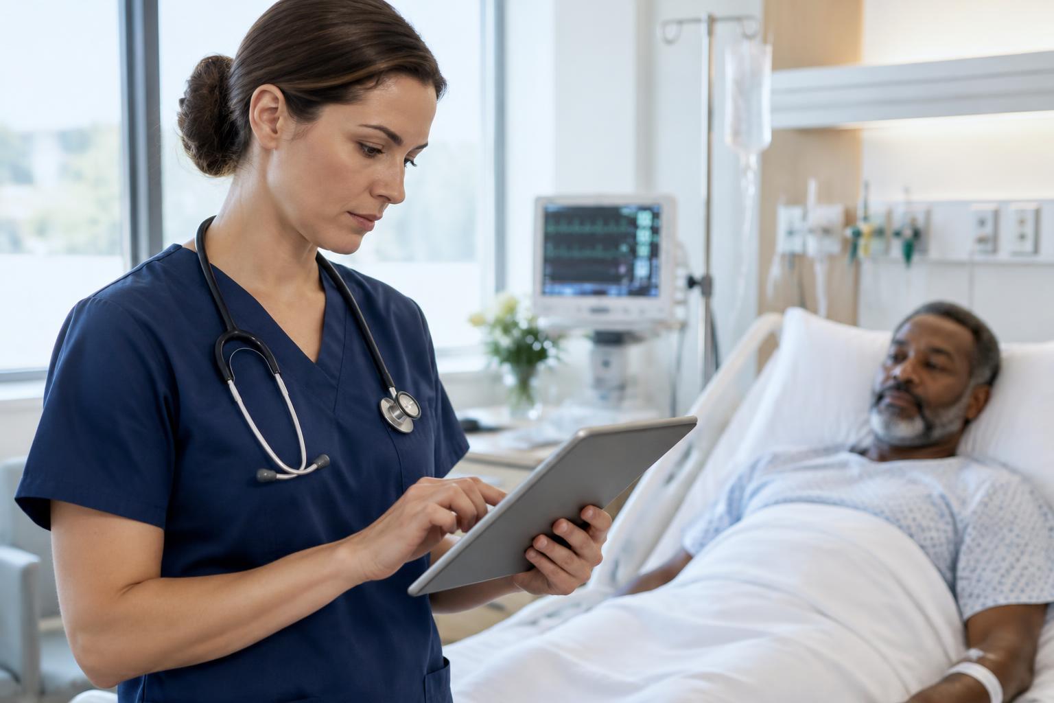 Nurse in navy scrubs with a stethoscope using a tablet at the bedside of an adult patient resting in a hospital bed