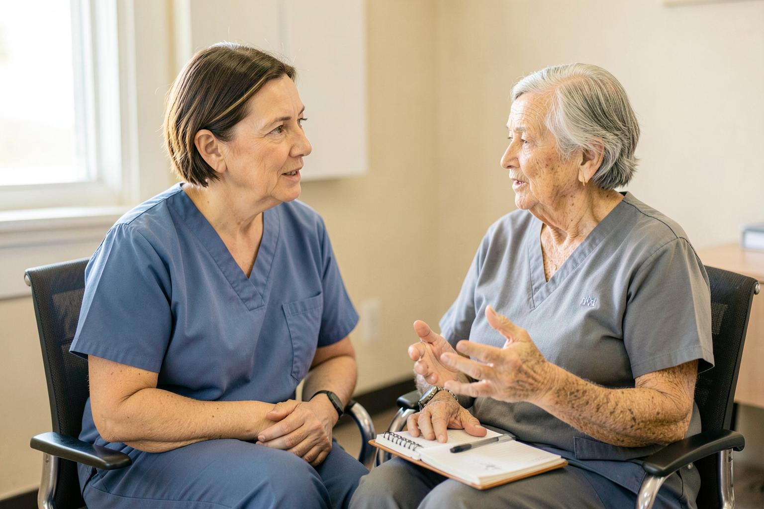 A nurse in blue scrubs sits facing an older woman in grey scrubs in a bright clinic room; the older woman is speaking and gesturing with an open notebook and pen resting on her lap, and the nurse is listening with hands folded
