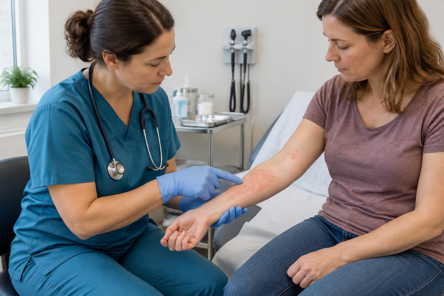 A nurse in teal scrubs with a stethoscope round her neck sits beside a seated adult woman in an examination room, supporting the woman's outstretched forearm with one gloved hand and pointing with a gloved fingertip at a patch of raised red welts on the inner forearm, with an examination couch and a small instrument trolley behind them
