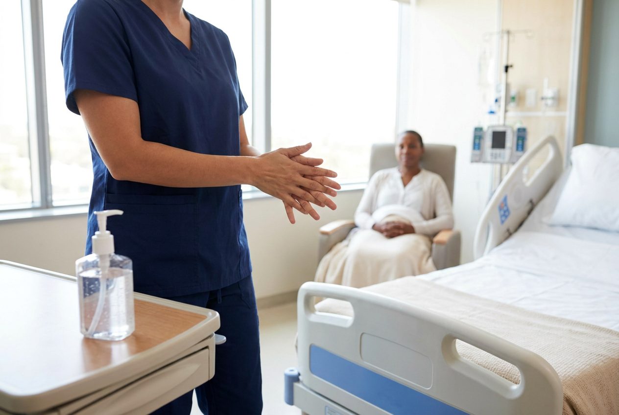 A nurse in navy scrubs rubs bare hands together with fingers interlaced. A calm adult sits beside a bed, and a sanitizer bottle stands nearby.
