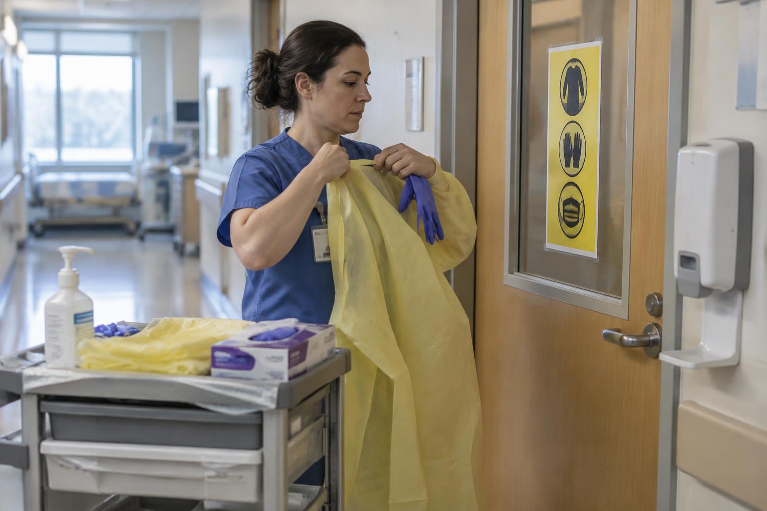 A nurse in blue scrubs stands in a hospital corridor beside an isolation supply cart, unfolding a disposable yellow isolation gown by its shoulders and neck ties; a purple nitrile glove is already on one hand. A yellow precautions sign on the closed patient room door shows gown, gloves and mask icons, and a wall-mounted sanitizer dispenser hangs beside the door. The cart holds a pump bottle of hand rub, folded yellow gowns and a box of purple gloves.