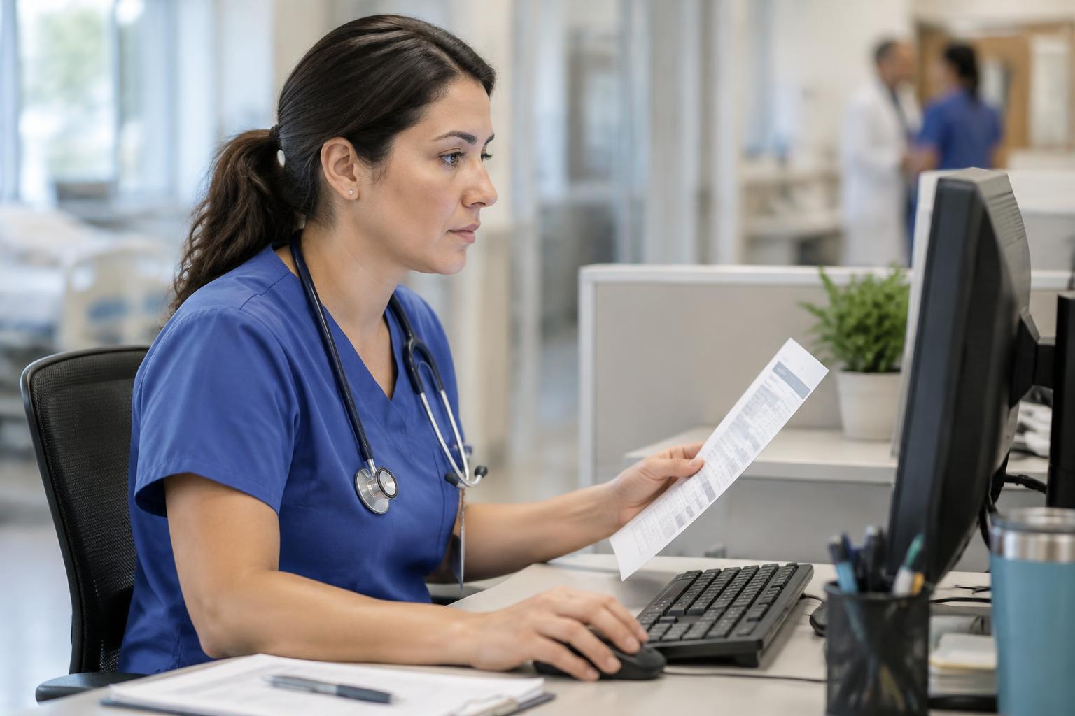 Nurse case manager at a coordination desk reviewing a printed discharge plan beside a computer
