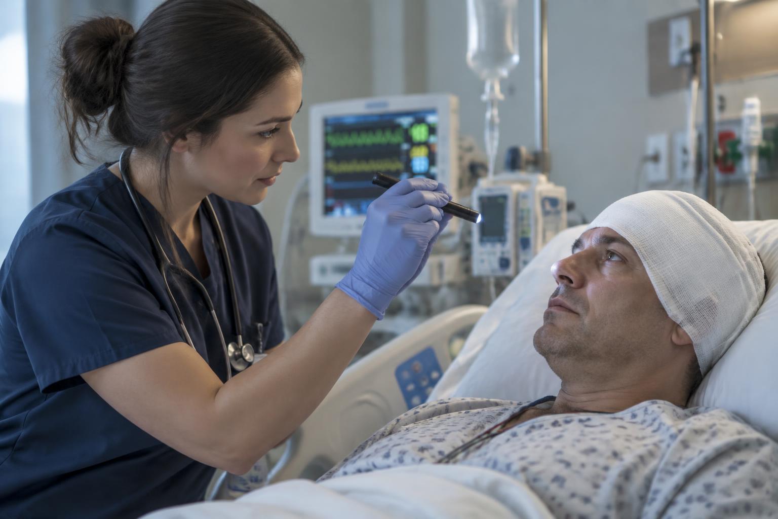 A nurse in scrubs holds a small penlight to assess an adult patient's pupil at the bedside in a dimly lit hospital room, watching the pupil closely while the patient lies still with the head of the bed slightly raised.