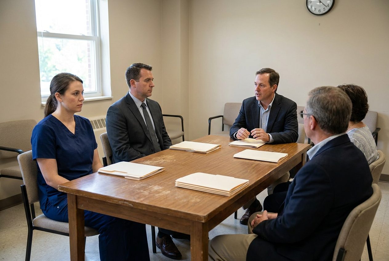 A nurse in navy scrubs and a lawyer in a charcoal suit sit on one side of a plain meeting table while three panel members in business clothes sit opposite, one of them speaking, with closed folders on the table.