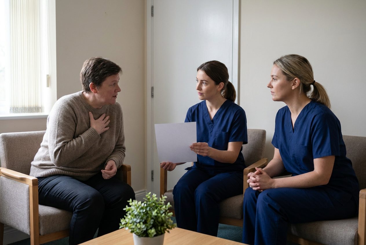 An adult patient gestures toward themselves while two seated nurses listen. One nurse holds papers with their blank backs facing the camera in a quiet consultation room.