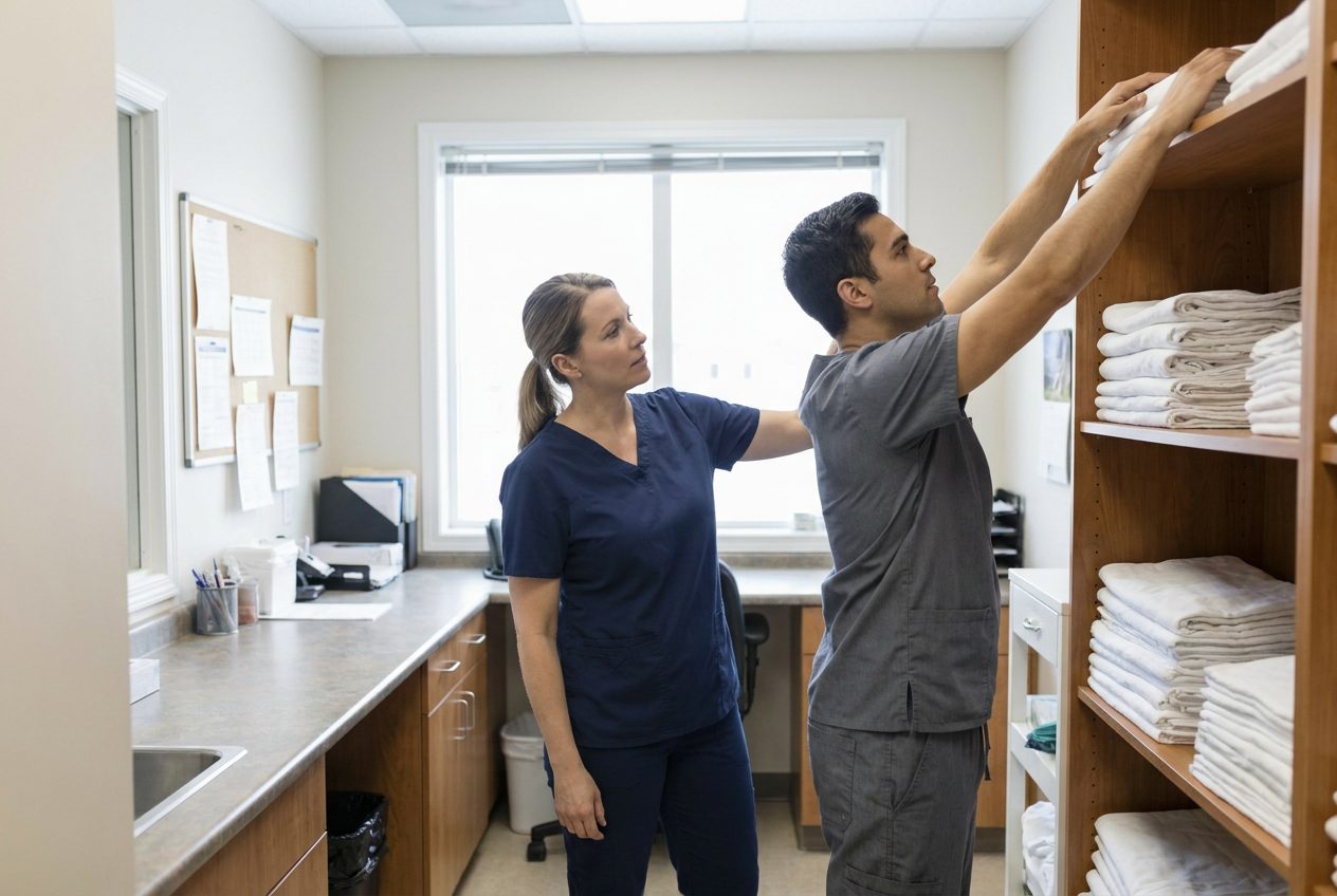 A nurse watches a healthcare worker reach toward folded linens on a high shelf in a hospital workroom. Both wear plain scrubs.