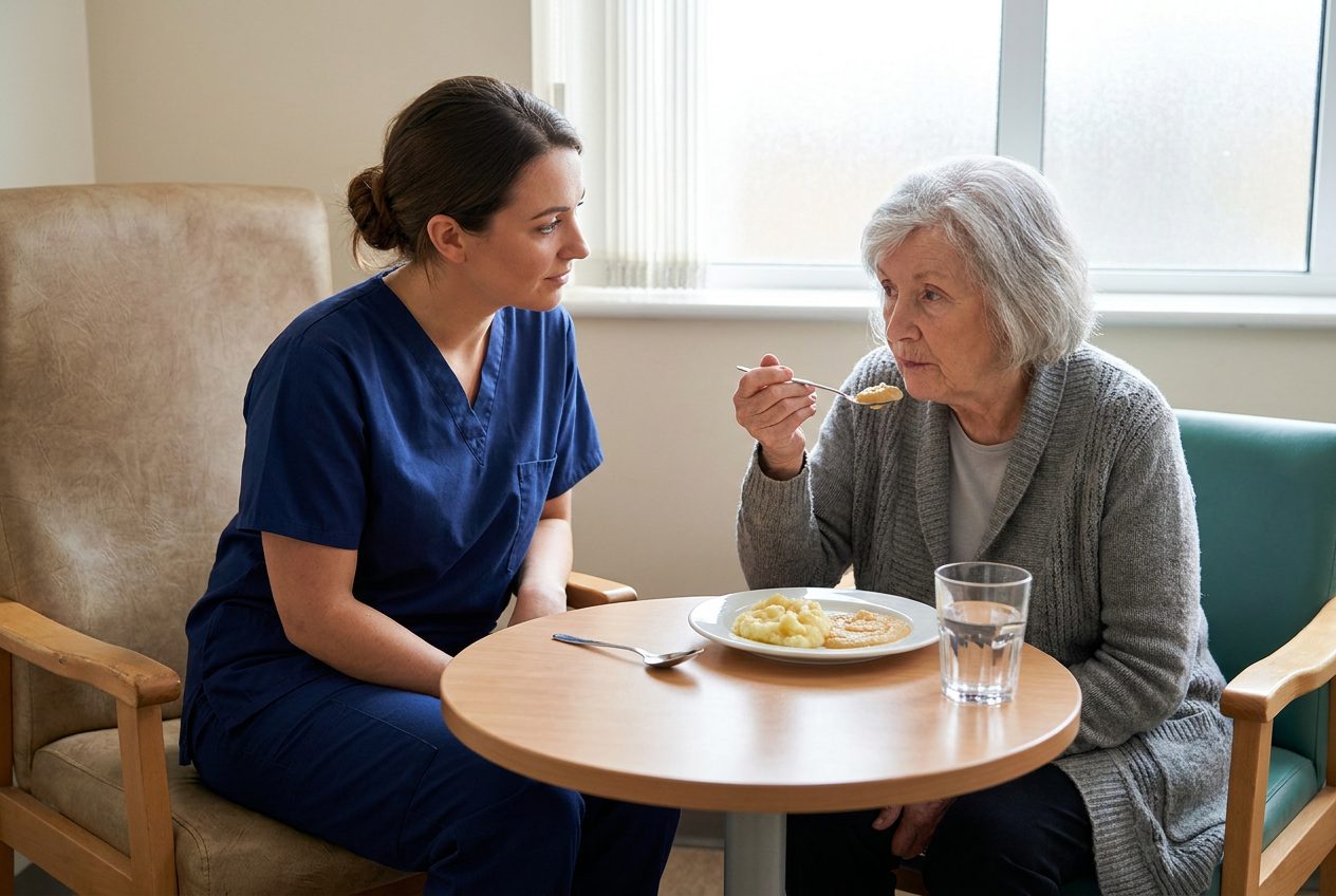A nurse sits beside an older woman at a small table, watching her take a spoonful of soft food and a glass of water nearby.