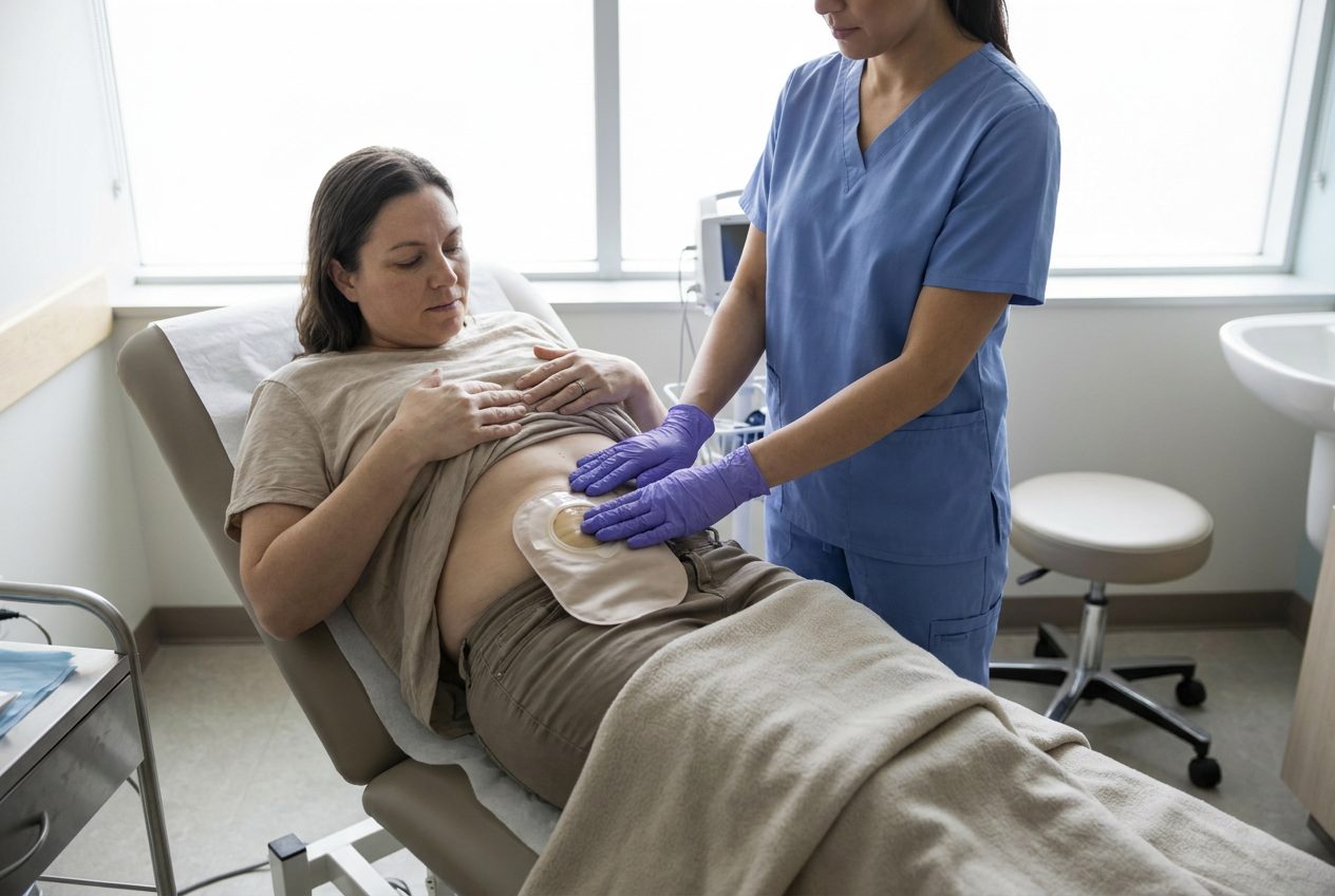 A nurse in gloves presses gently around the base of an opaque abdominal pouch while the patient reclines on an examination couch with a blanket over the legs.
