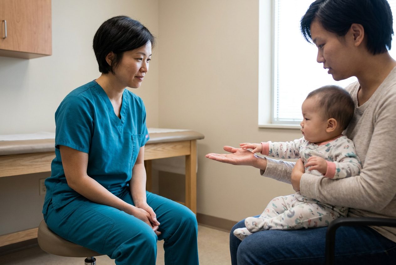 A nurse watches a calm infant reach toward a caregiver’s open hand. The caregiver holds the clothed baby on their lap in a plain examination room.