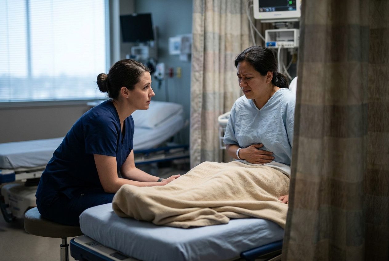 A nurse sits beside a patient in a curtained hospital bay. The patient presses one hand against their blanket-covered abdomen and grimaces slightly while looking toward the nurse.